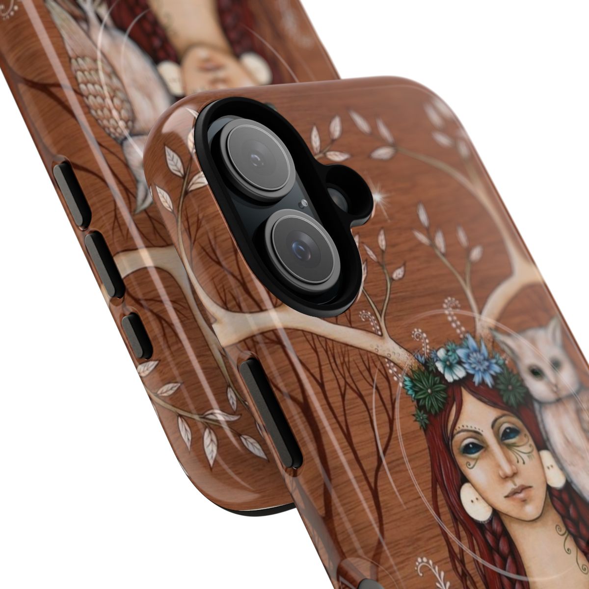 Wooden phone case with witchy, nature-inspired design featuring owls and antlers - Detail