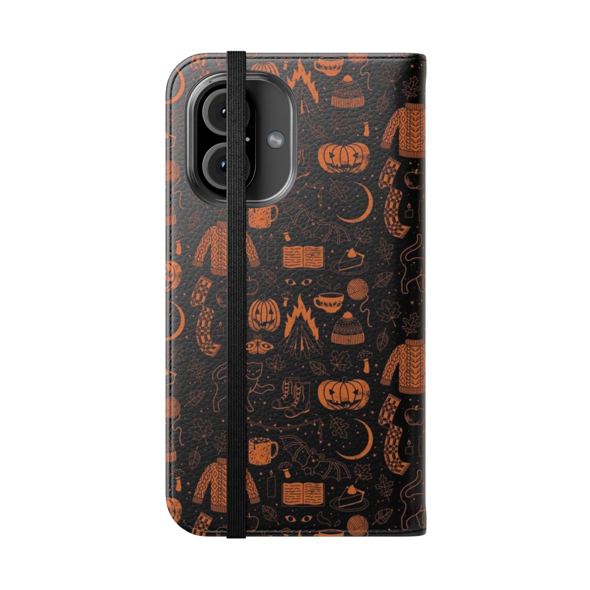 Autumn-themed flip phone case with witchy and spooky design elements like bats, pumpkins, and black cats. - Folded Front