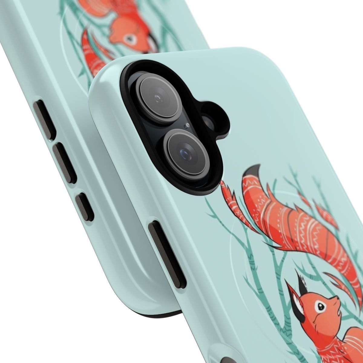 A winter-themed magnetic phone case featuring a cute, fantasy fox design. - Detail