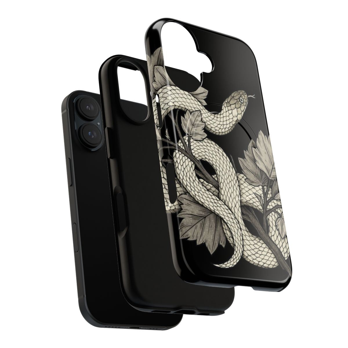 A black and white phone case featuring a curious snake coiled on a branch, with a gothic, eerie, and botanical design. - Layers