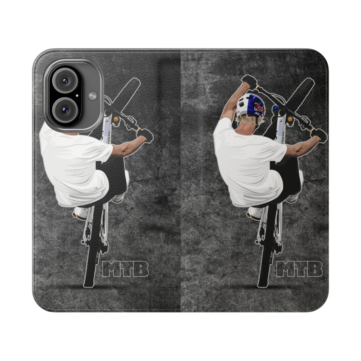 Grunge grey wall flip phone case with mountain bike and cycling graphics