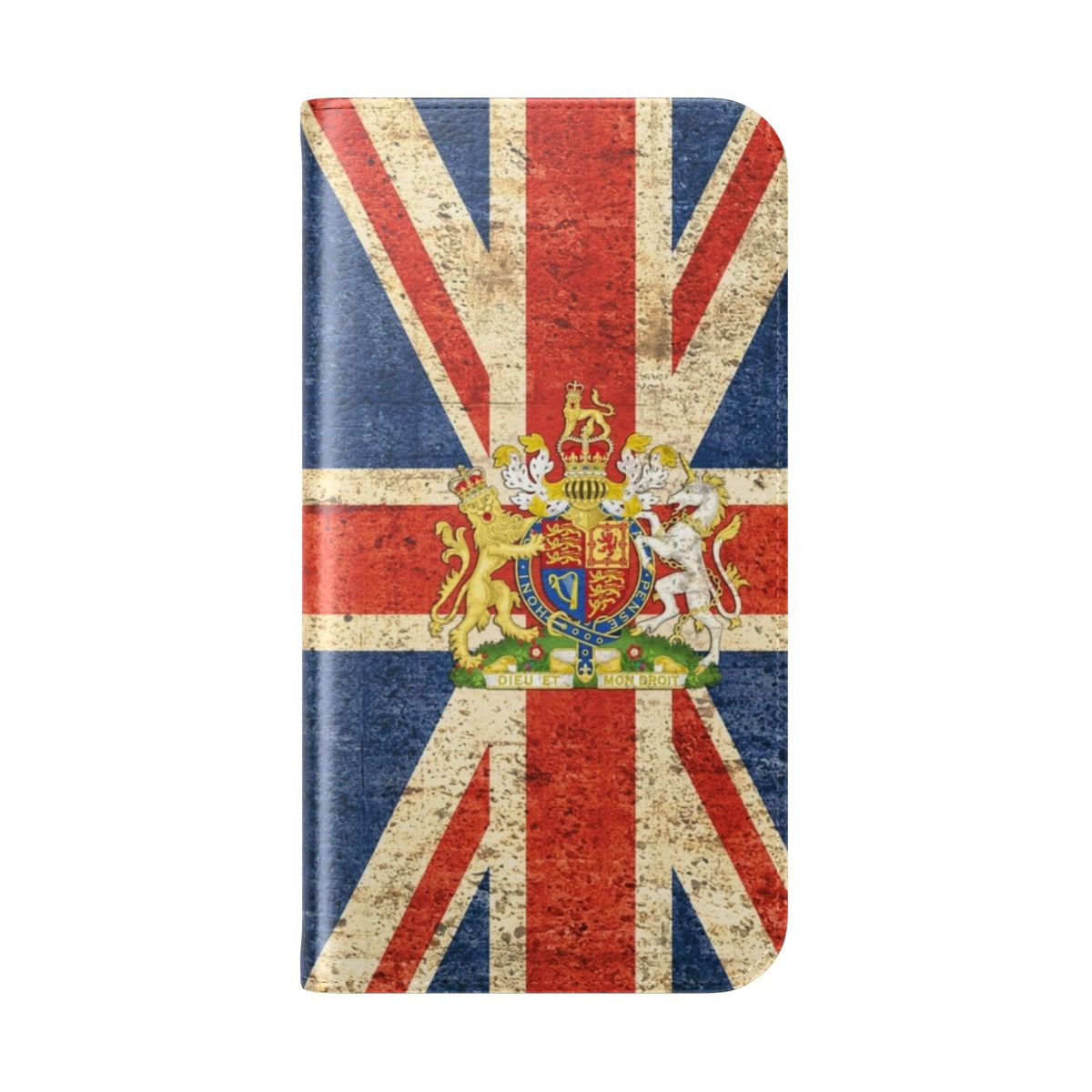 Flip cover phone case with the flag of the United Kingdom and the royal coat of arms - Folded Back