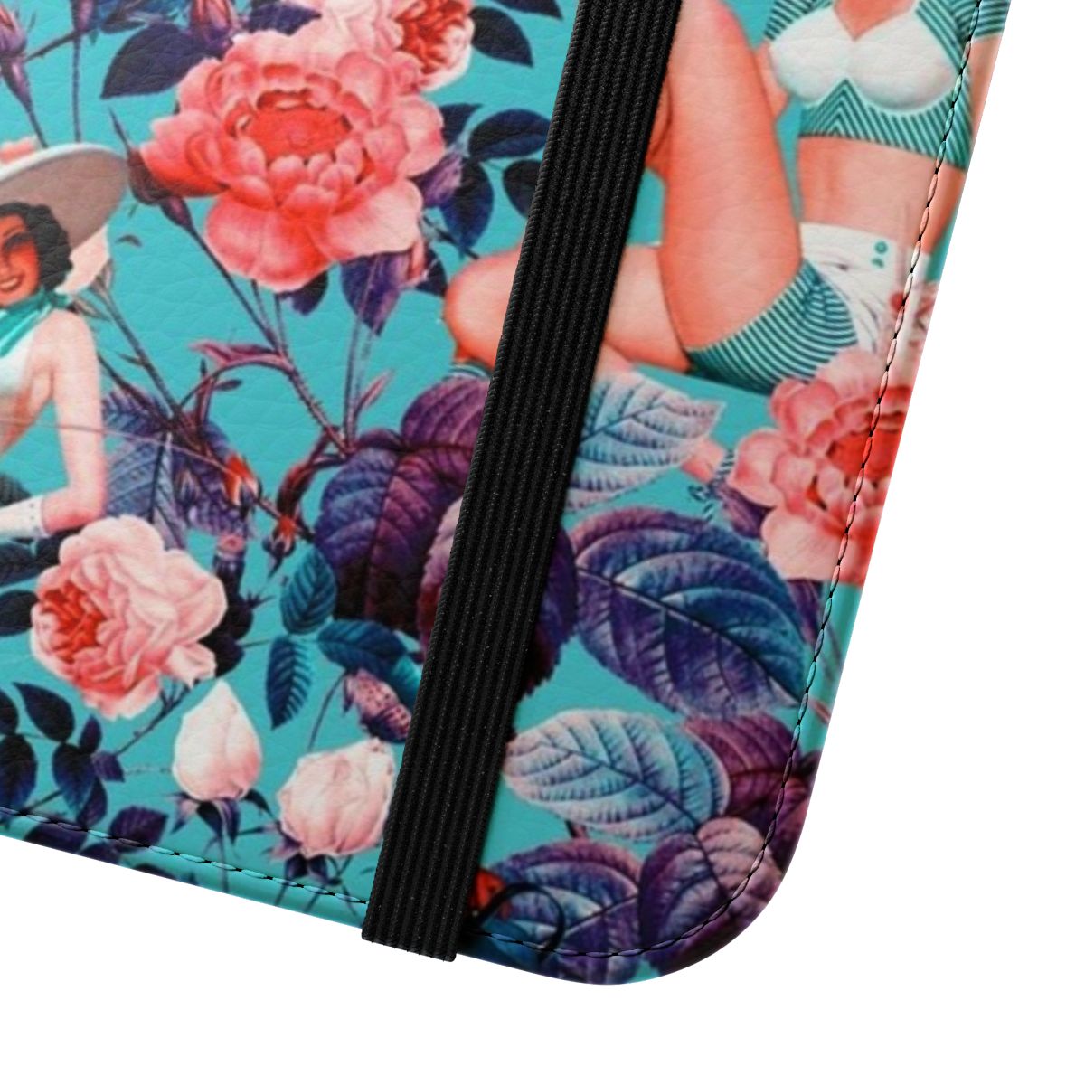 Retro floral and pinup-style flip cover phone case - Close Up