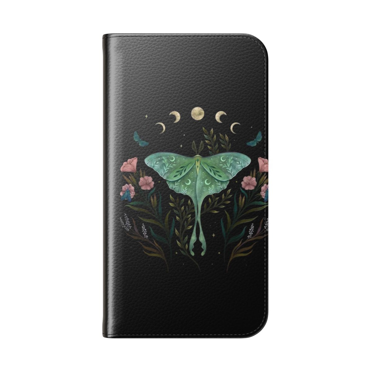 Flip cover phone case with a design featuring a luna moth, moon, and night garden elements - Folded Back