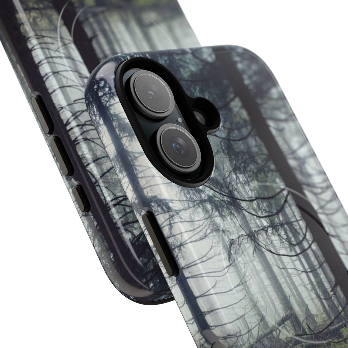 Enchanting phone case featuring a dreamy, misty forest landscape - Detail