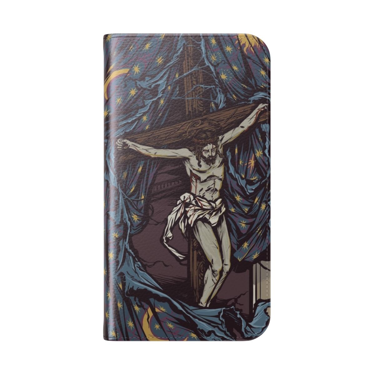 Flip cover phone case featuring a striking illustration of the Tearing of the Temple Veil, a powerful Christian symbol. - Folded Back