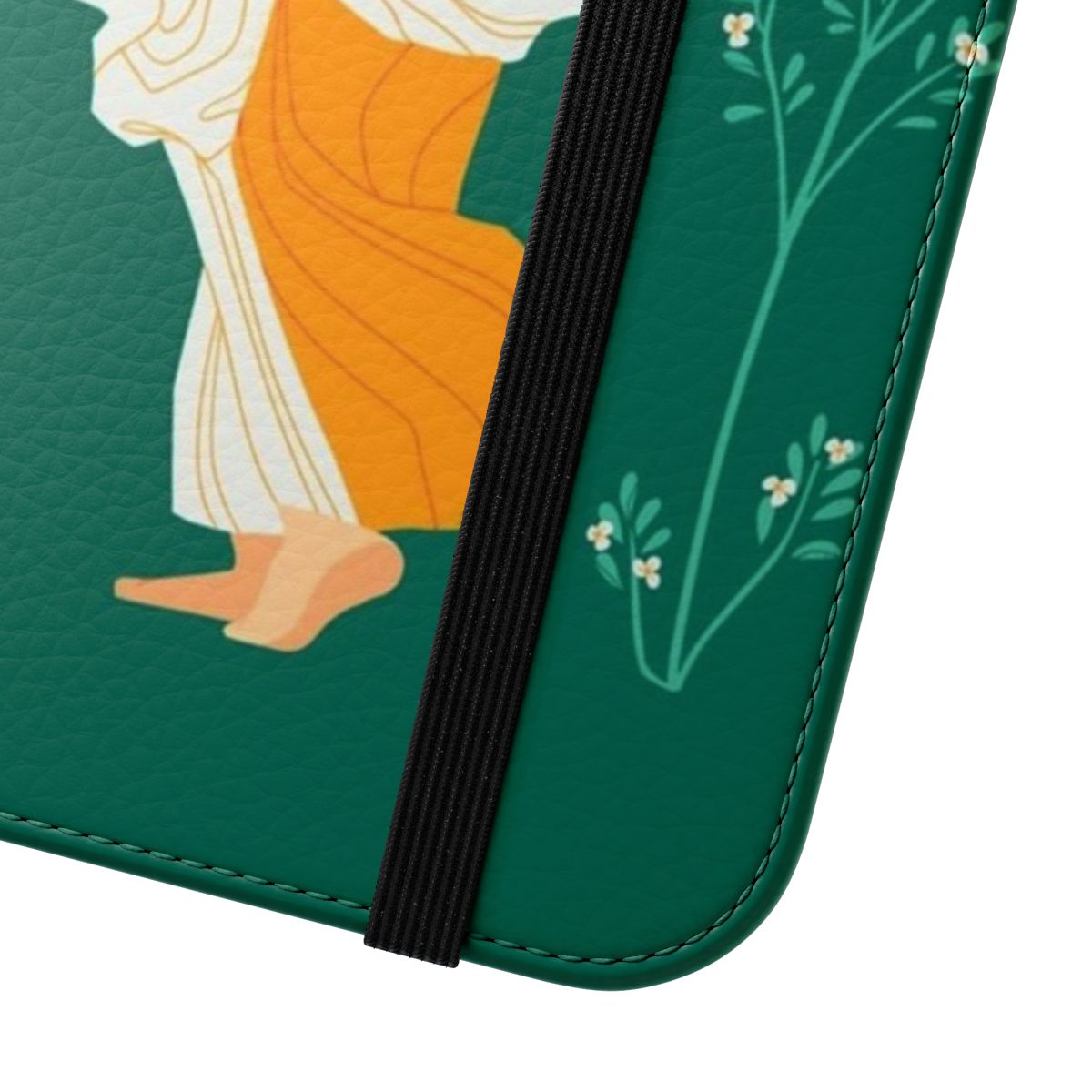 Flip cover phone case featuring a botanical design inspired by ancient Roman art and history. - Close Up