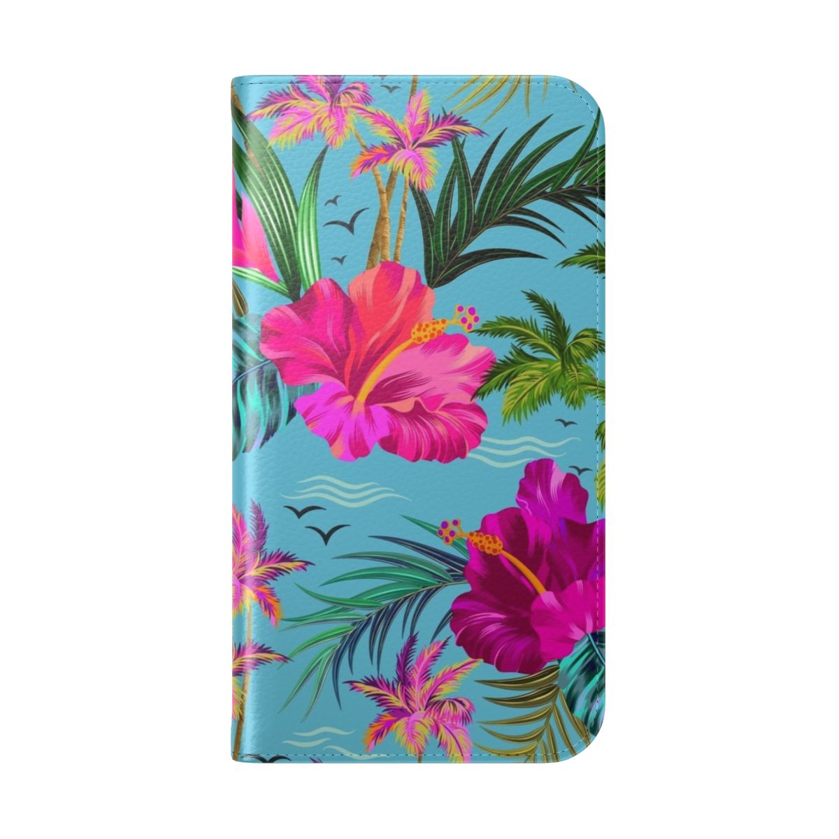 Tropical beach phone case with a stylish retro aloha pattern featuring flowers, leaves, and birds. - Folded Back