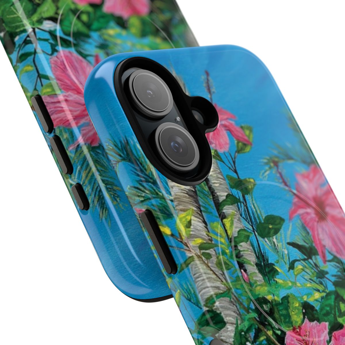 Colorful tropical hibiscus flowers on a phone case - Detail