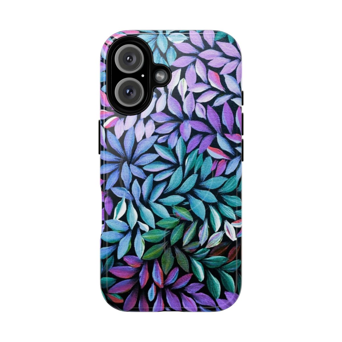 Vibrant pink and blue aboriginal-inspired phone case with emu feathers