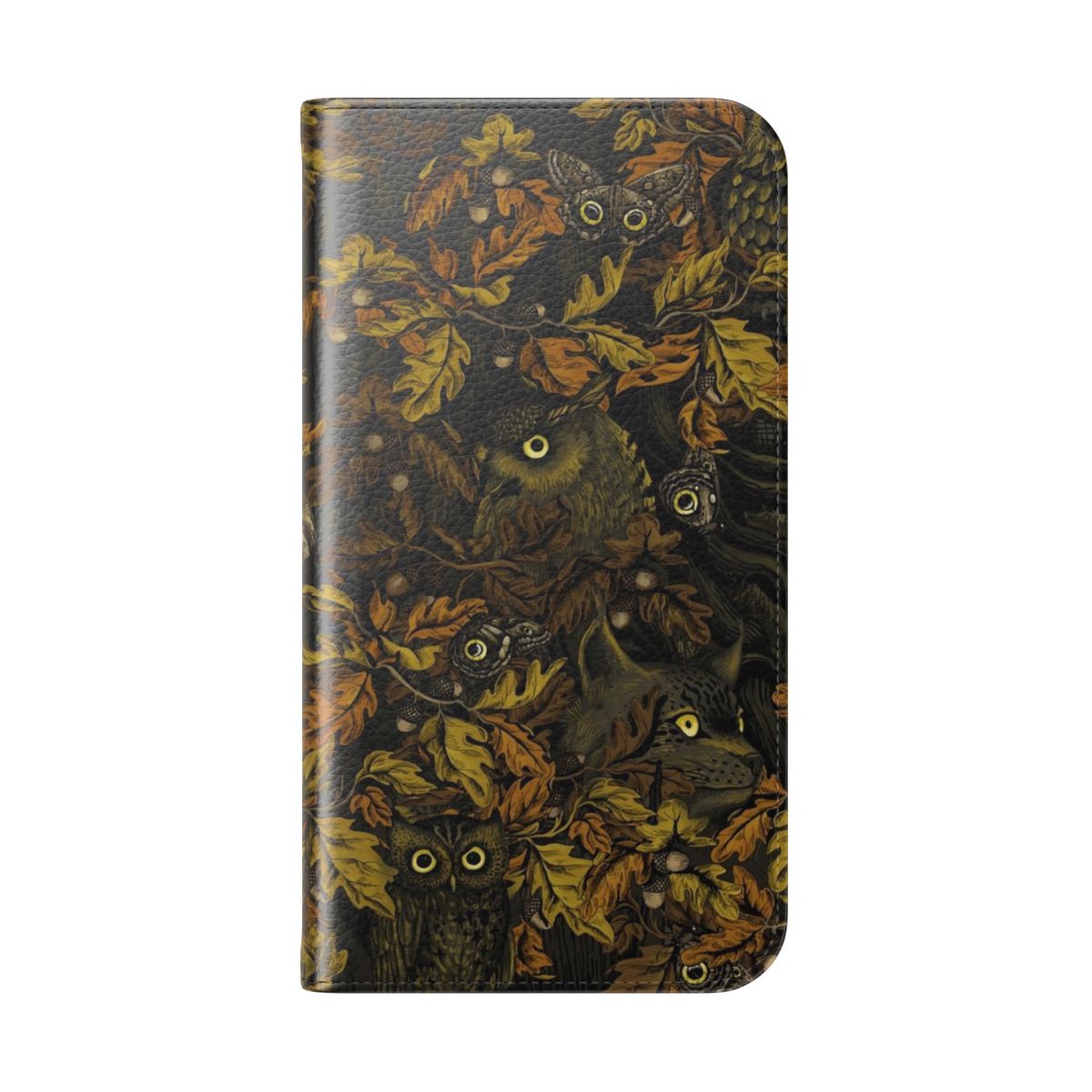 Closeup of a stylish flip phone case featuring a camouflage pattern with autumn leaves, oak, and owls. - Folded Back