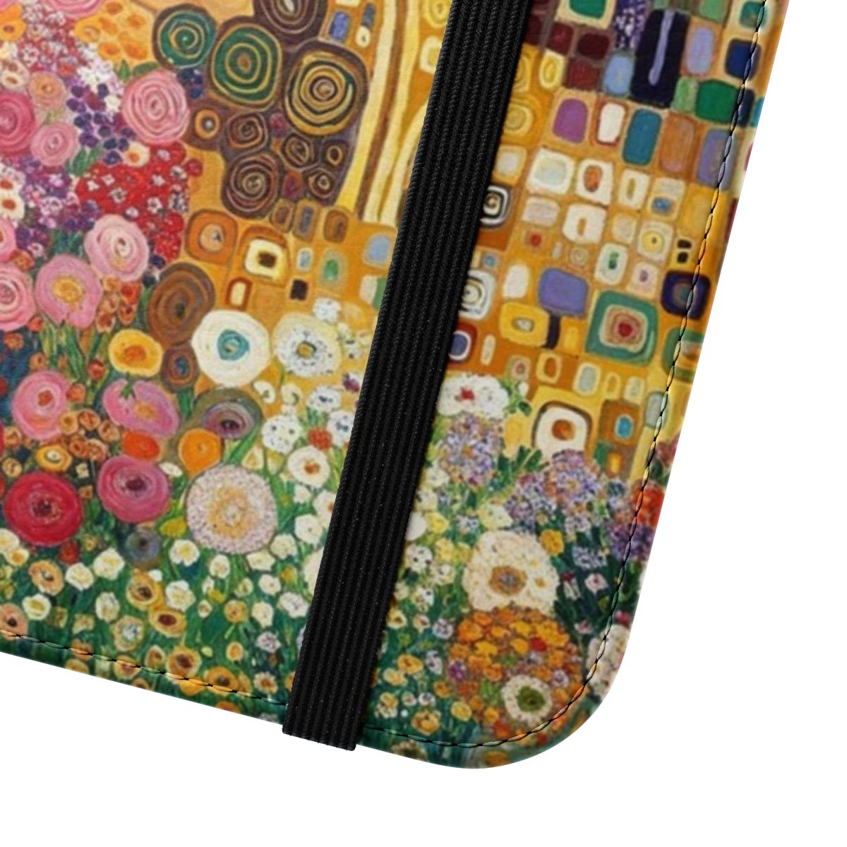 A flip cover phone case featuring a vintage floral design inspired by the art of Gustav Klimt. - Close Up