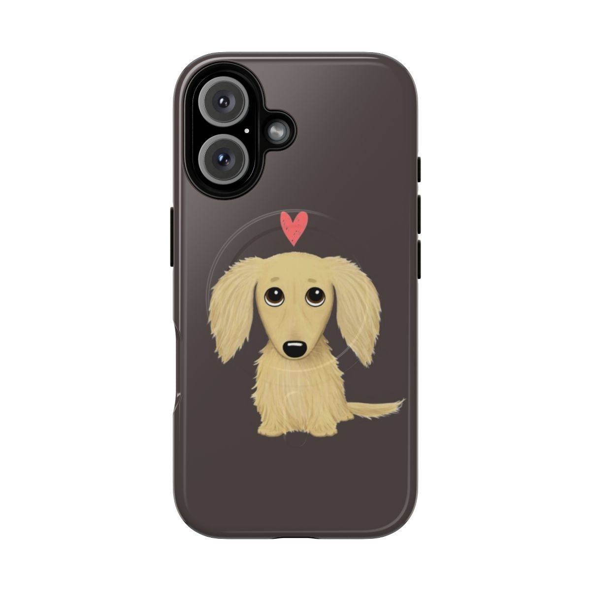 Illustration of a cute cream-colored dachshund dog with a heart design on a phone case