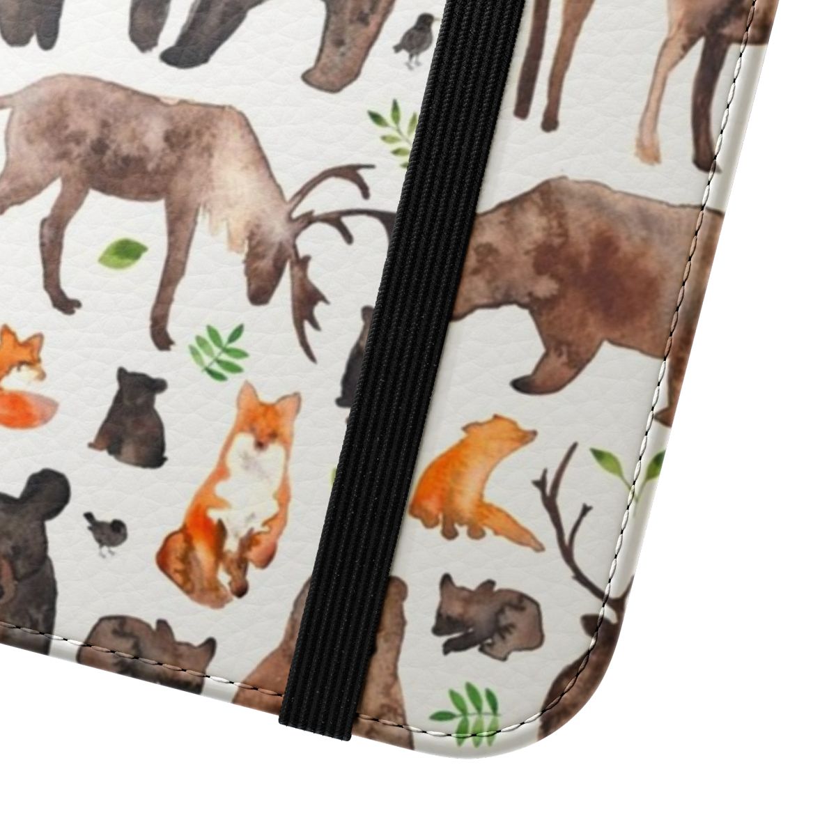 Watercolor illustration of woodland animals including fox, bear, and deer on a phone case cover - Close Up