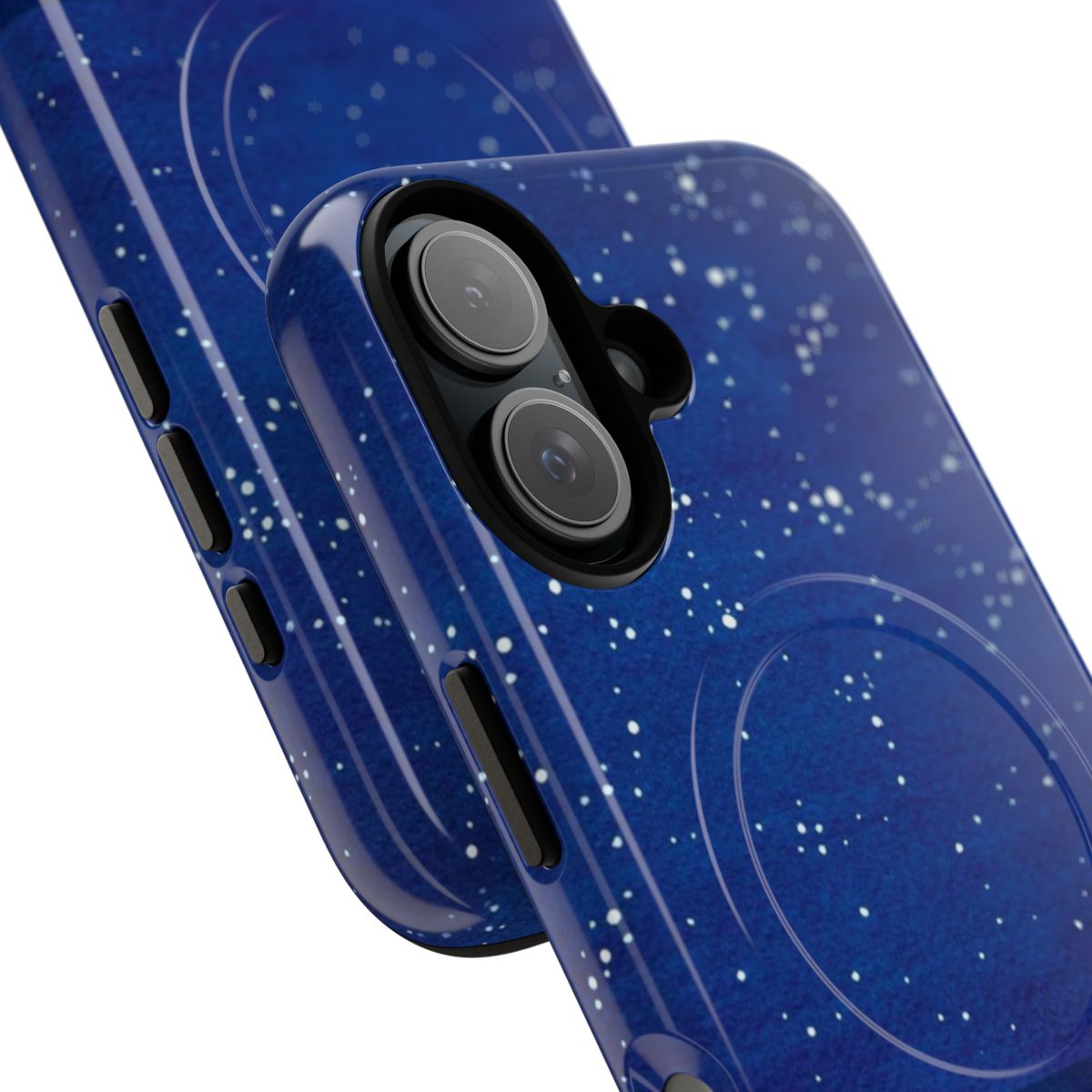 A zen-inspired phone case featuring a watercolor design of a sailboat on the ocean with stars in the sky. - Detail