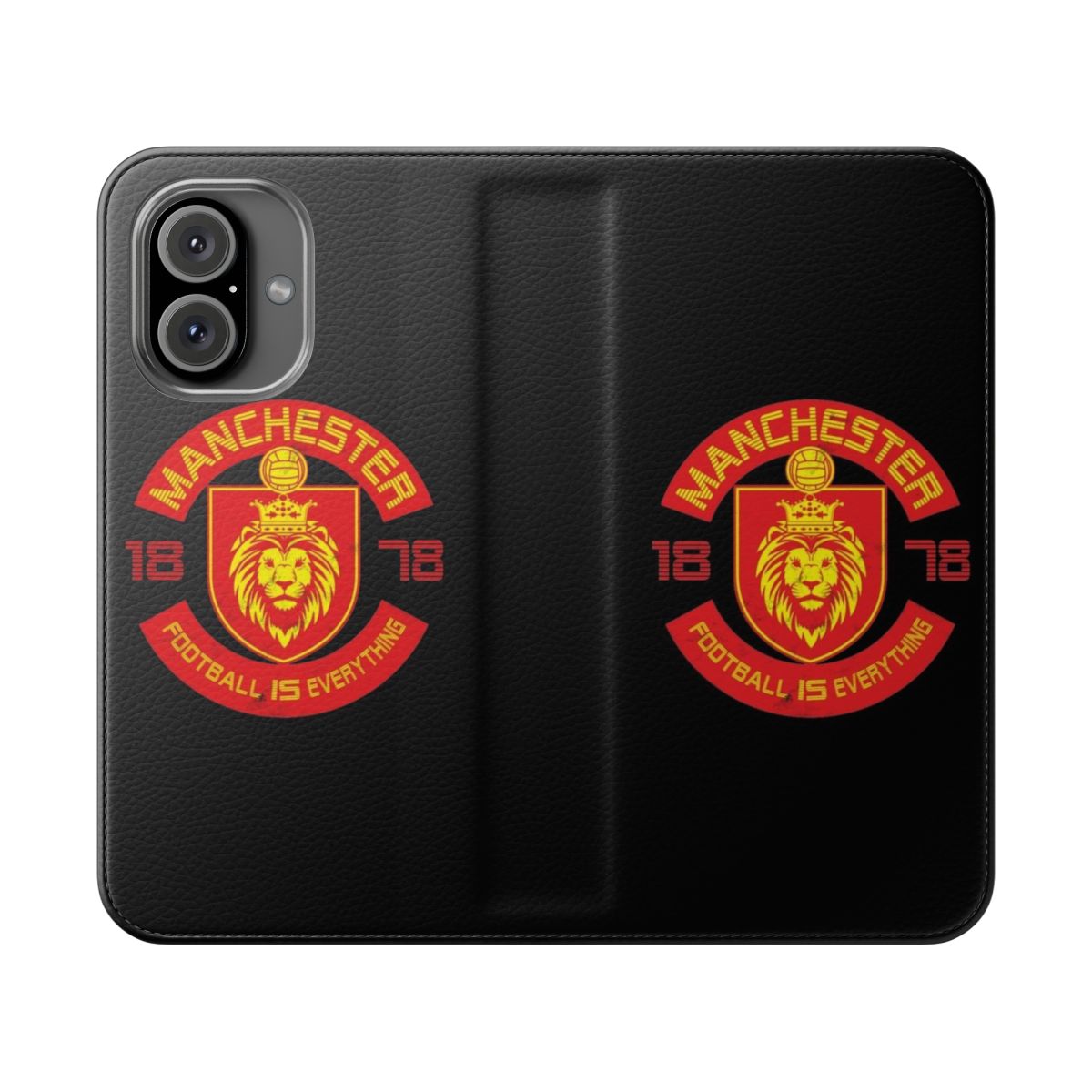 Retro-style flip cover phone case featuring a distressed Manchester football jersey design