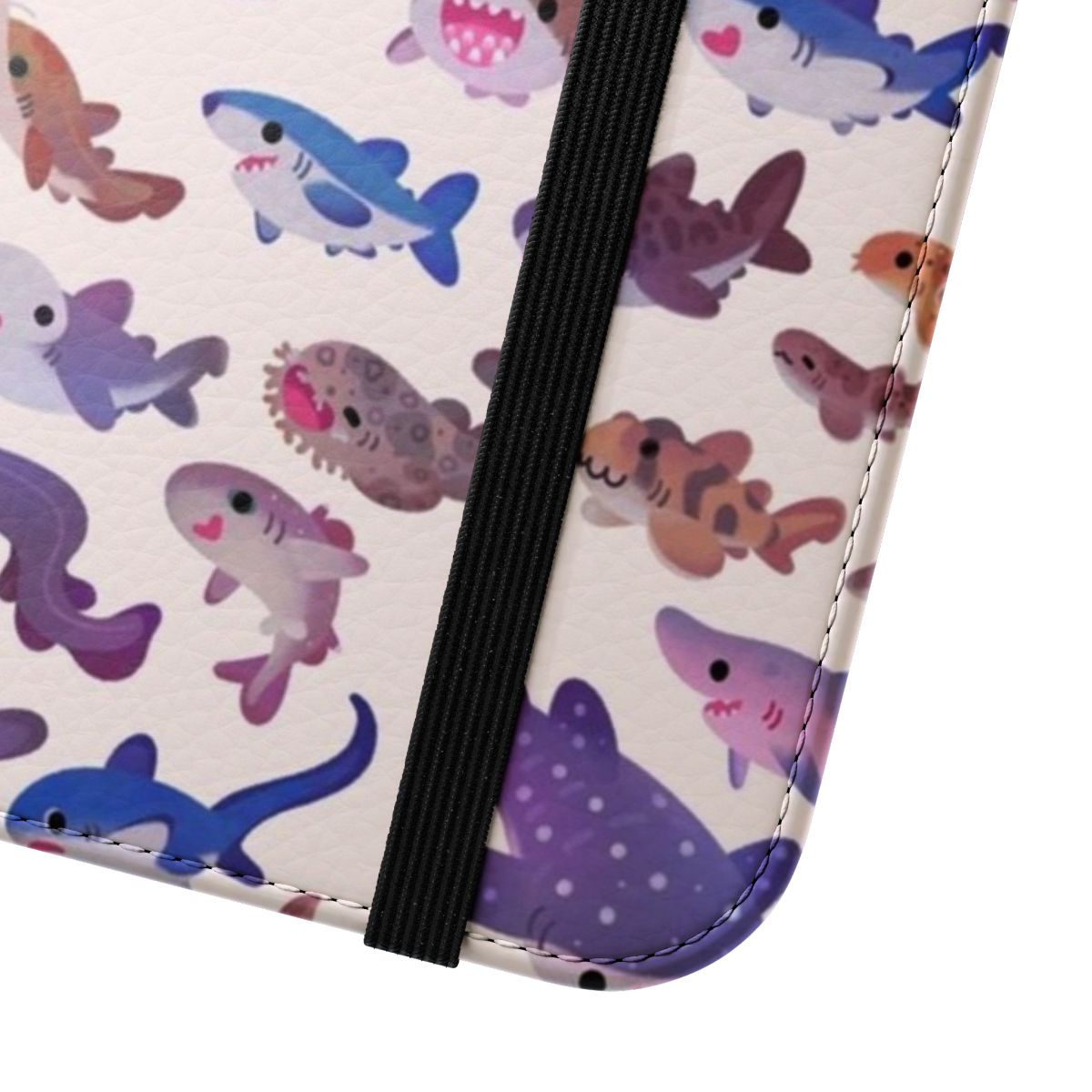 Pastel colored flip cover phone case with a shark design - Close Up