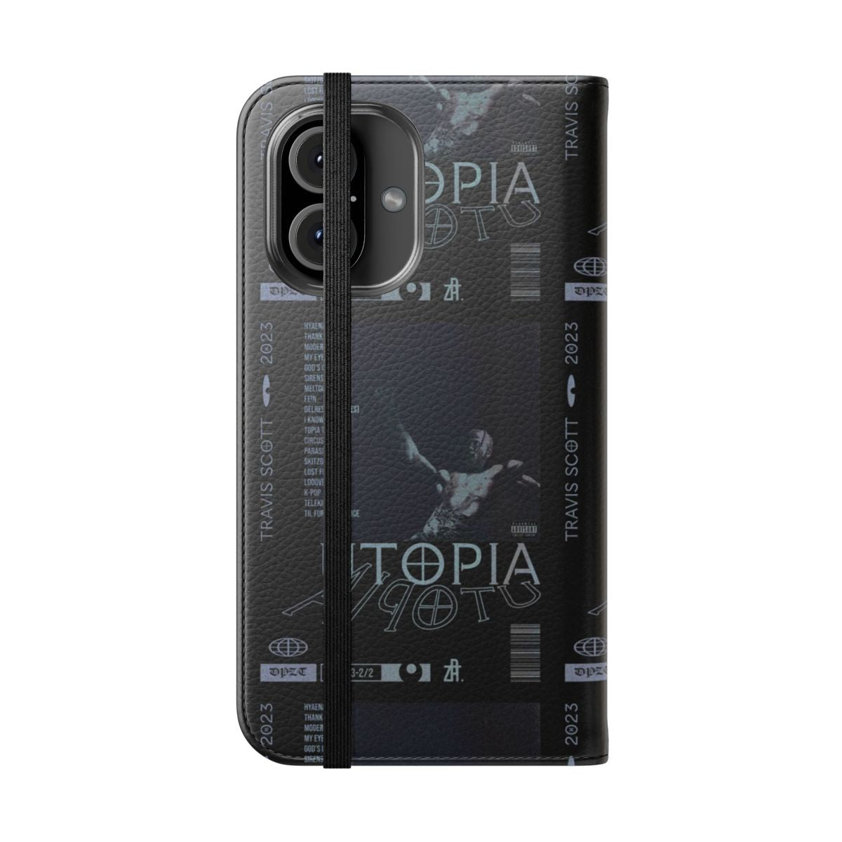 Sleek black flip cover phone case with a grunge and urban aesthetic design - Folded Front