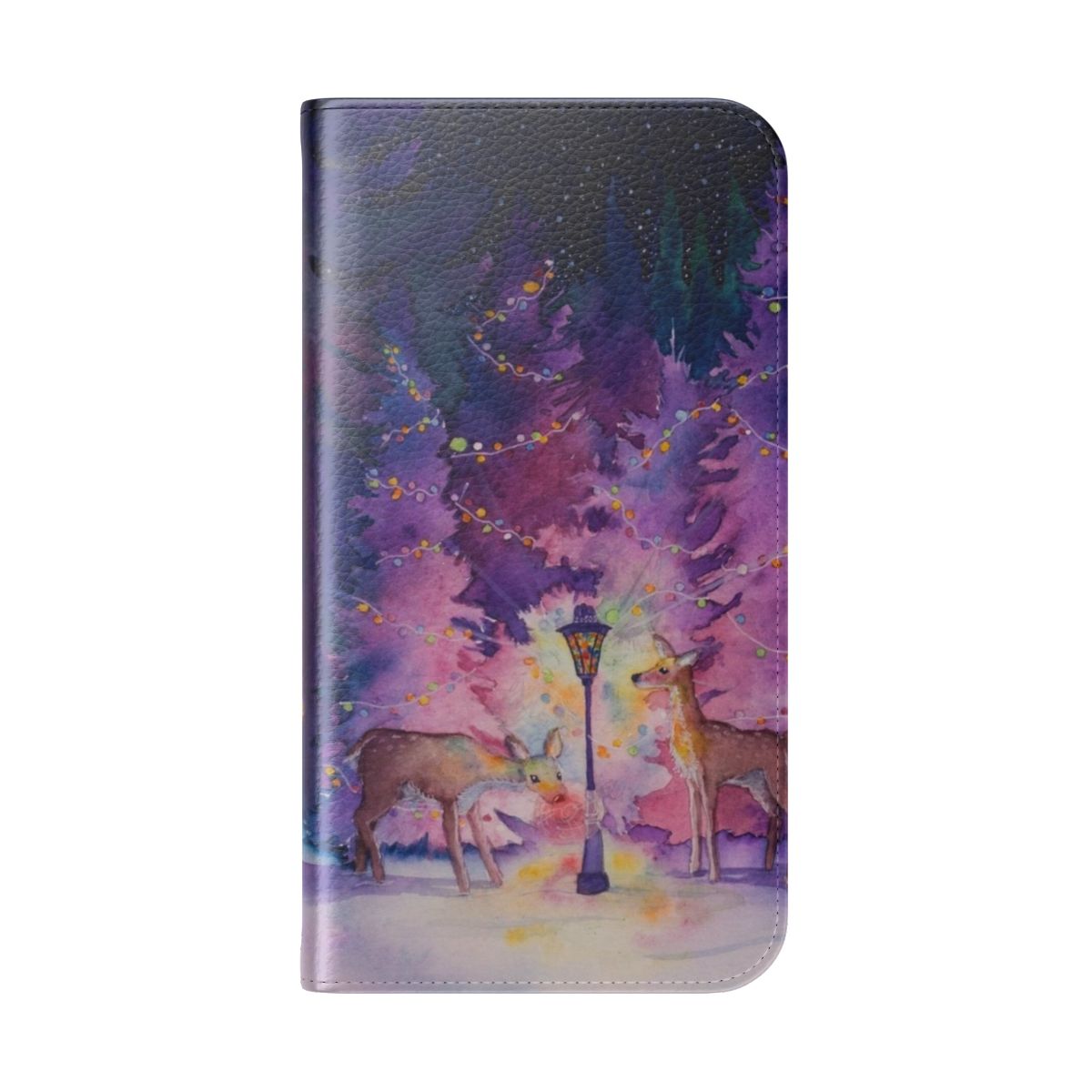 A vibrant and festive flip phone case featuring a dreamy forest scene with reindeer, lights, and snowy accents. - Folded Back