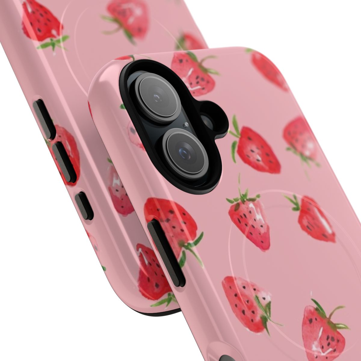 Closeup of a stylish strawberry-patterned magnetic phone case - Detail