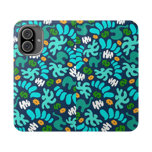 Colorful prehistoric pattern phone case with dinosaurs, cavemen, and floral designs