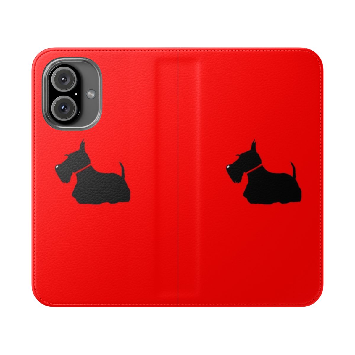 A flip phone case featuring a cute Scottish Terrier dog in a tartan pattern.