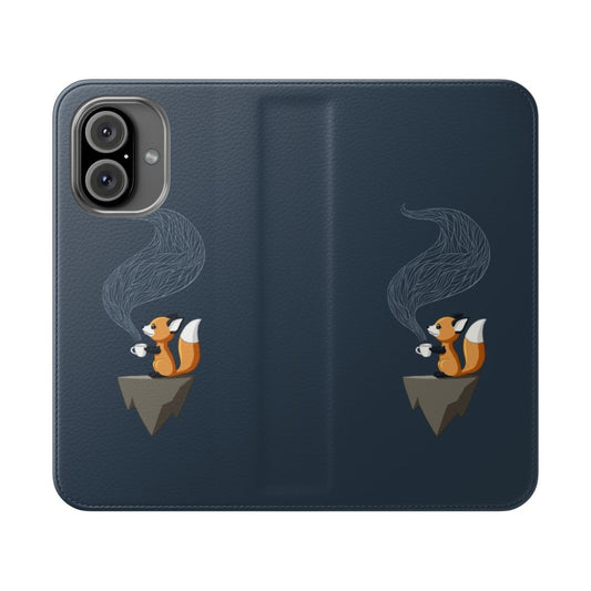 An orange and blue phone case featuring a cute, smiling fox sitting with a cup of tea in a fantastical, anime-inspired design.