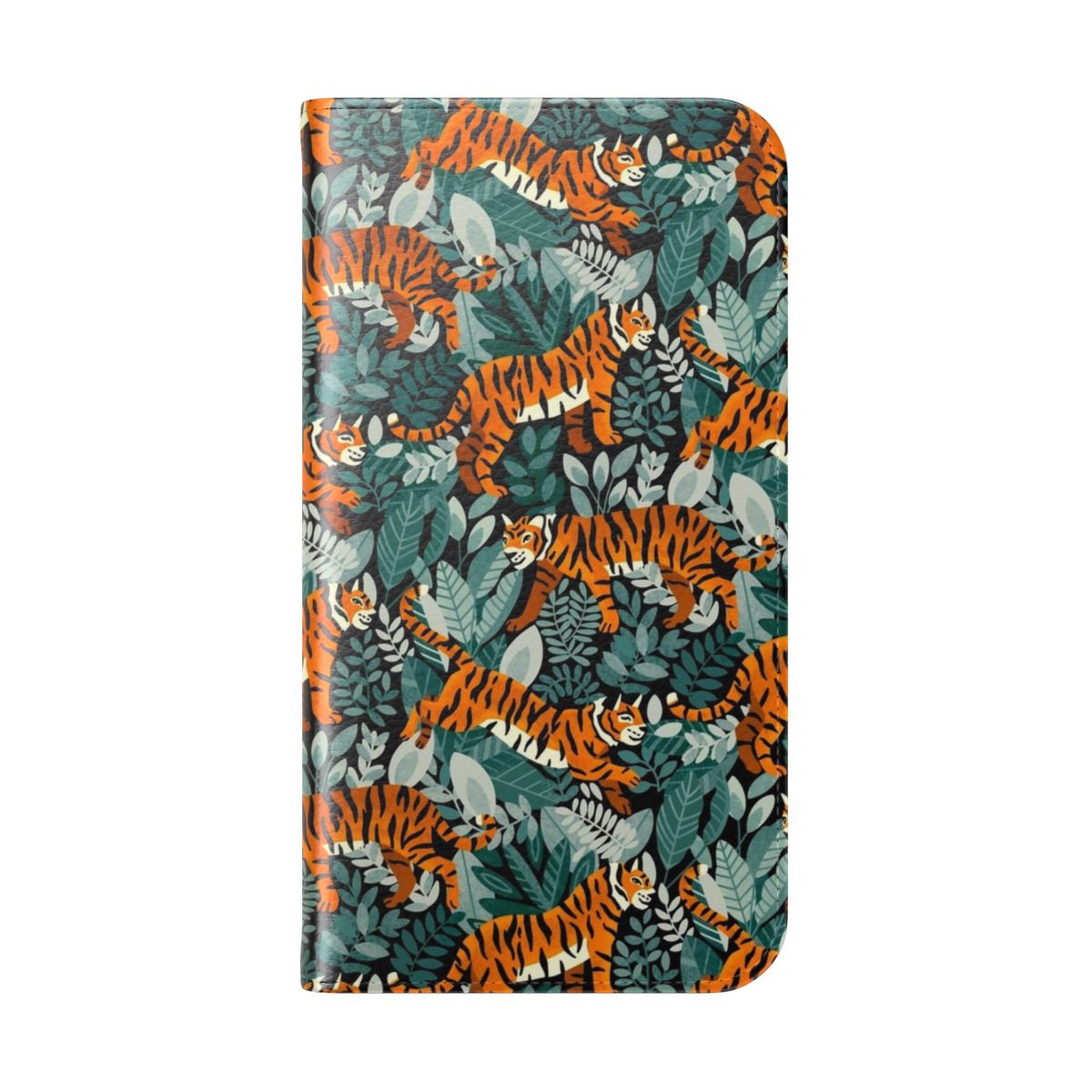 Colorful phone case featuring a detailed illustration of a Bengal tiger in a lush tropical jungle setting. - Folded Back