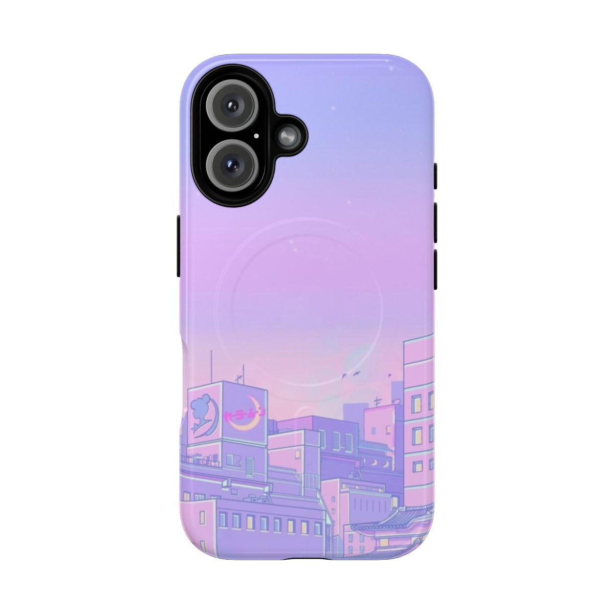 Artistic phone case with a whimsical, anime-inspired city skyline design.