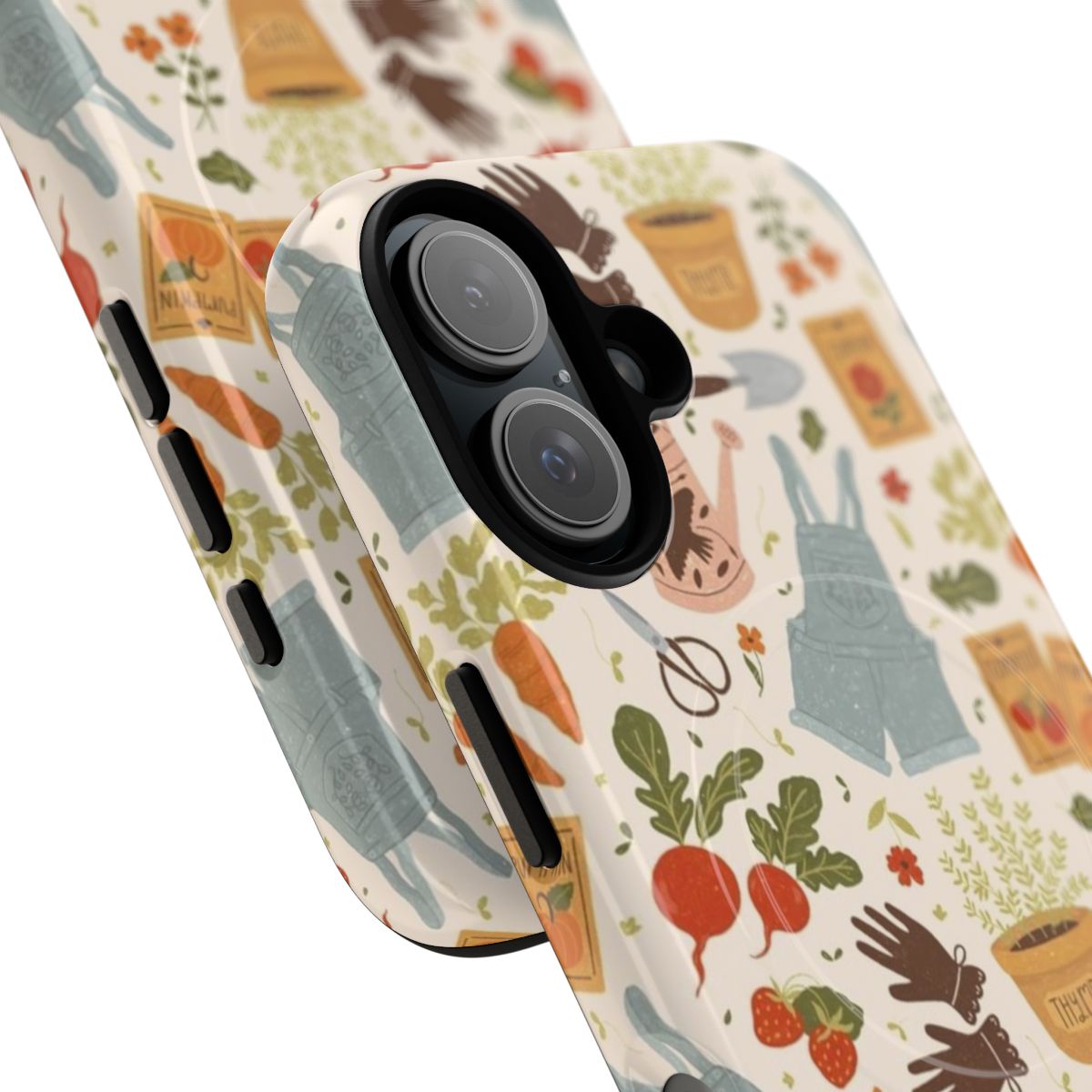 A phone case featuring gardening-themed design elements like plants, vegetables, and garden tools - Detail