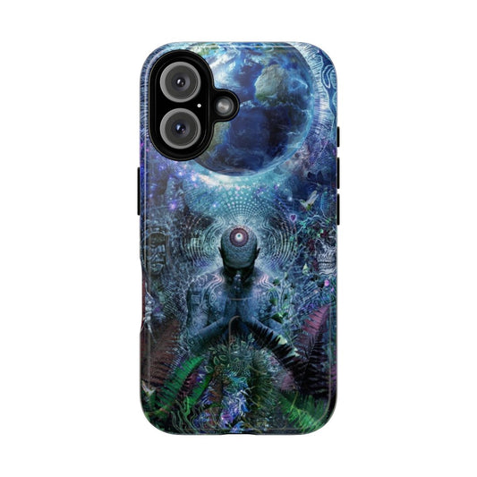 Surreal and visionary phone case featuring a landscape design with elements of nature and spirituality.