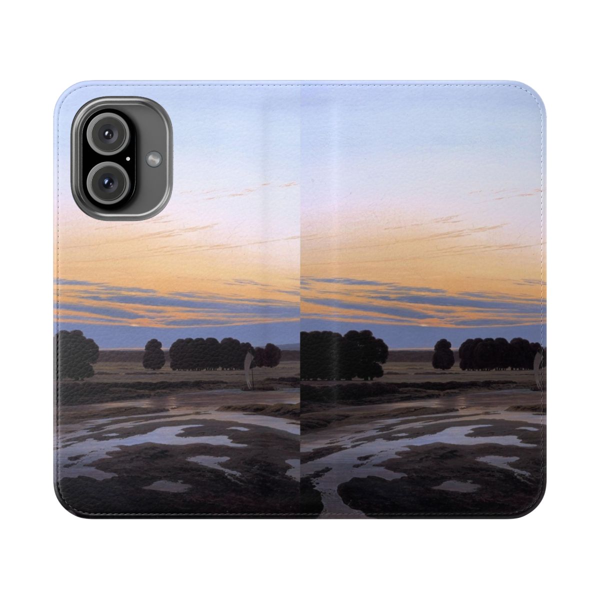 Flip cover phone case featuring a romantic landscape painting by German artist Caspar David Friedrich.