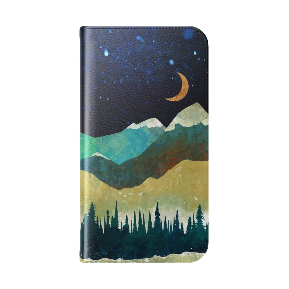 Serene snowy landscape phone case with mountains, trees, and a full moon - Folded Back