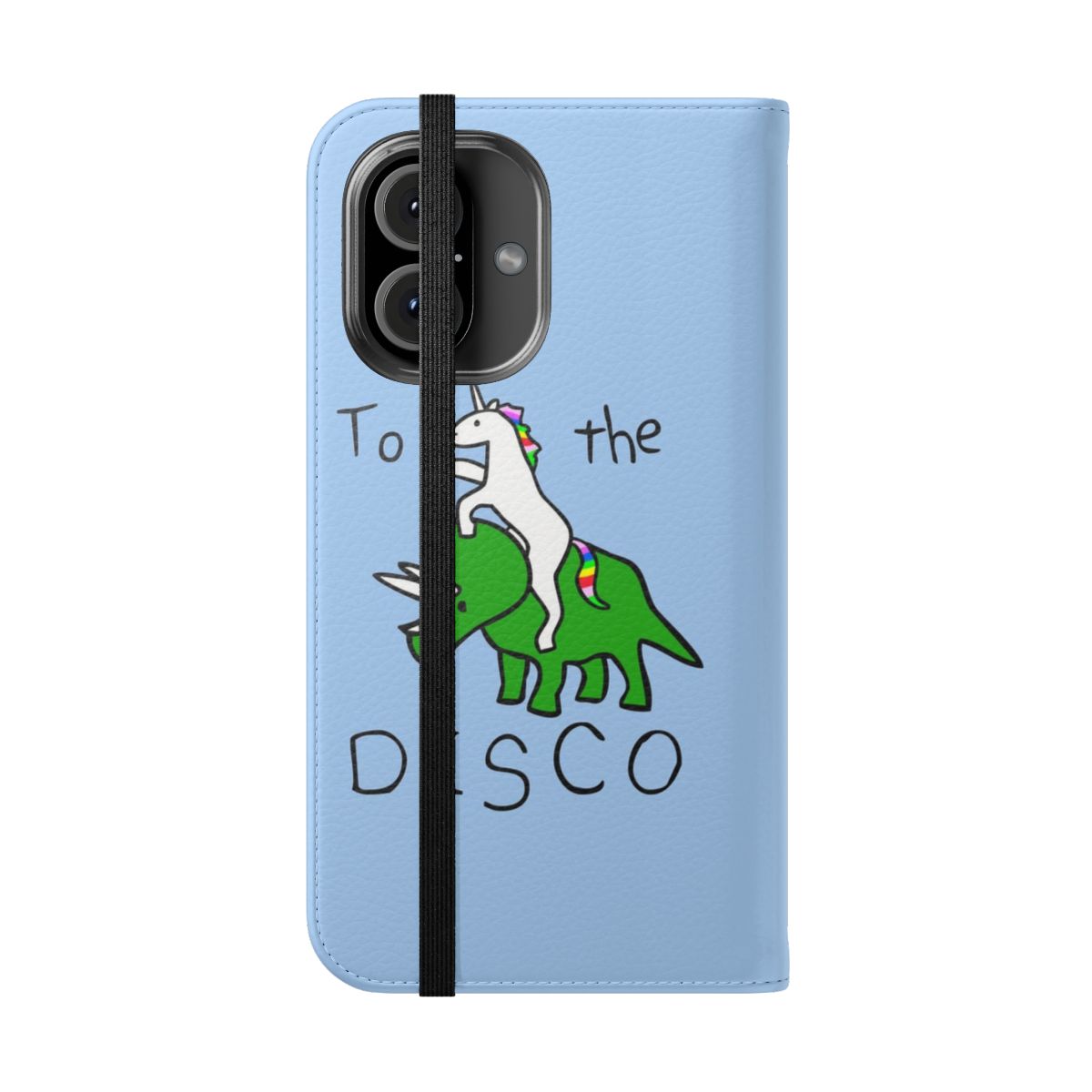 Colorful phone case featuring a unicorn riding a triceratops in a disco-themed design. - Folded Front