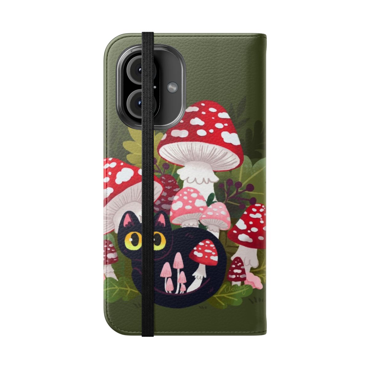 A flip phone case featuring a cute black cat surrounded by mushrooms, in a whimsical forest-inspired design. - Folded Front