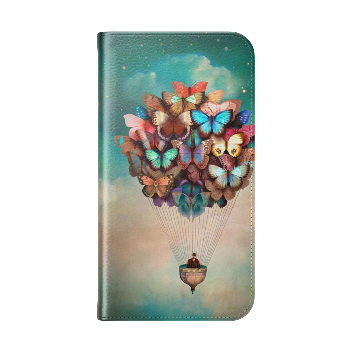 Colorful digital art phone case with butterflies, balloons, and a surreal, dreamlike sky. - Folded Back