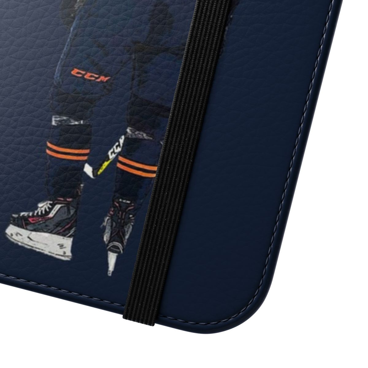 Oilers-inspired flip phone case with team colors and logo - Close Up