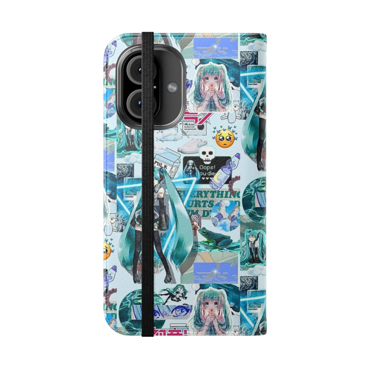 Anime-inspired flip phone case featuring Miku Hatsune, a popular vocaloid character, in a blue and white aesthetic. - Folded Front