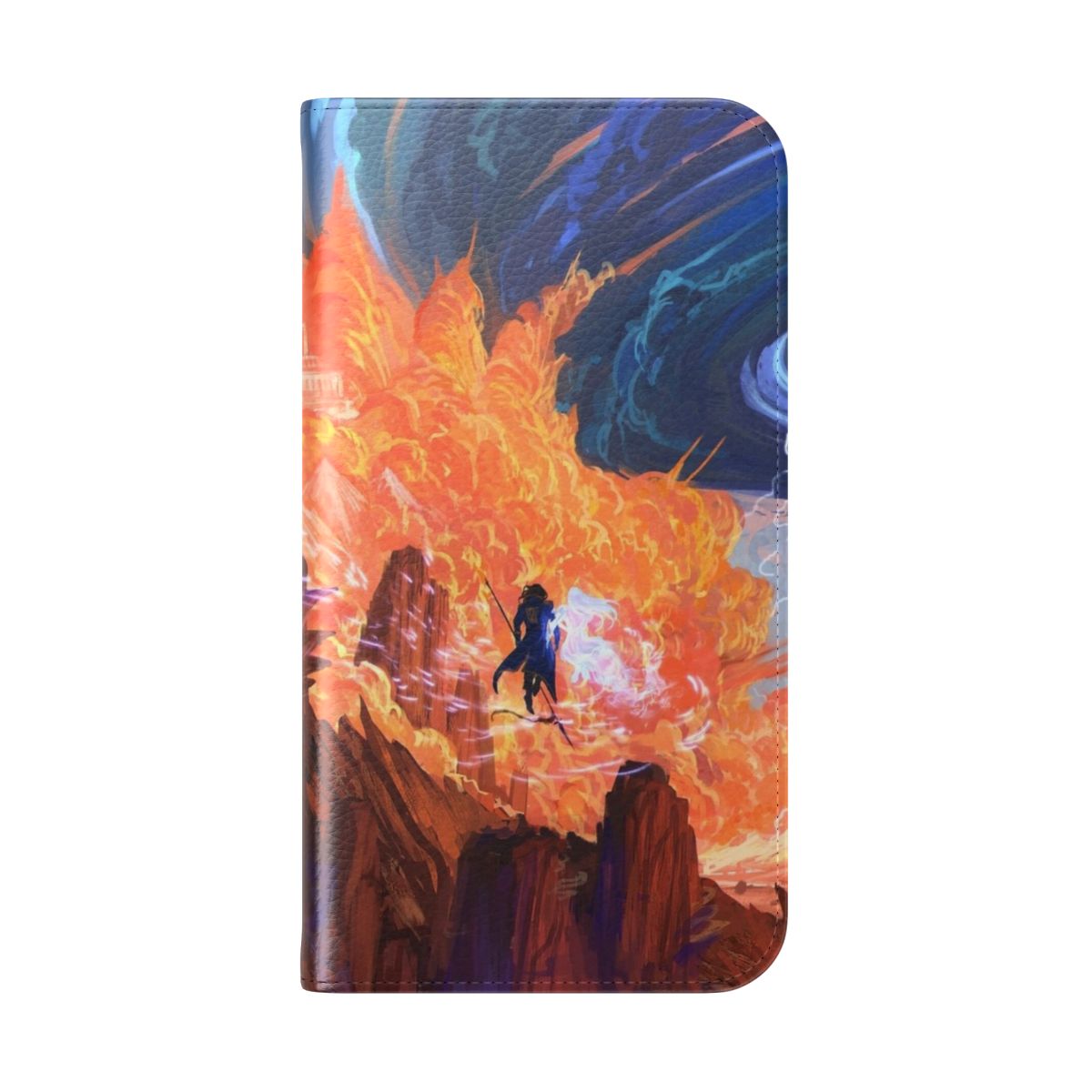 Flip cover phone case with fantasy landscape design featuring clouds, Kaladin, and Syl - Folded Back