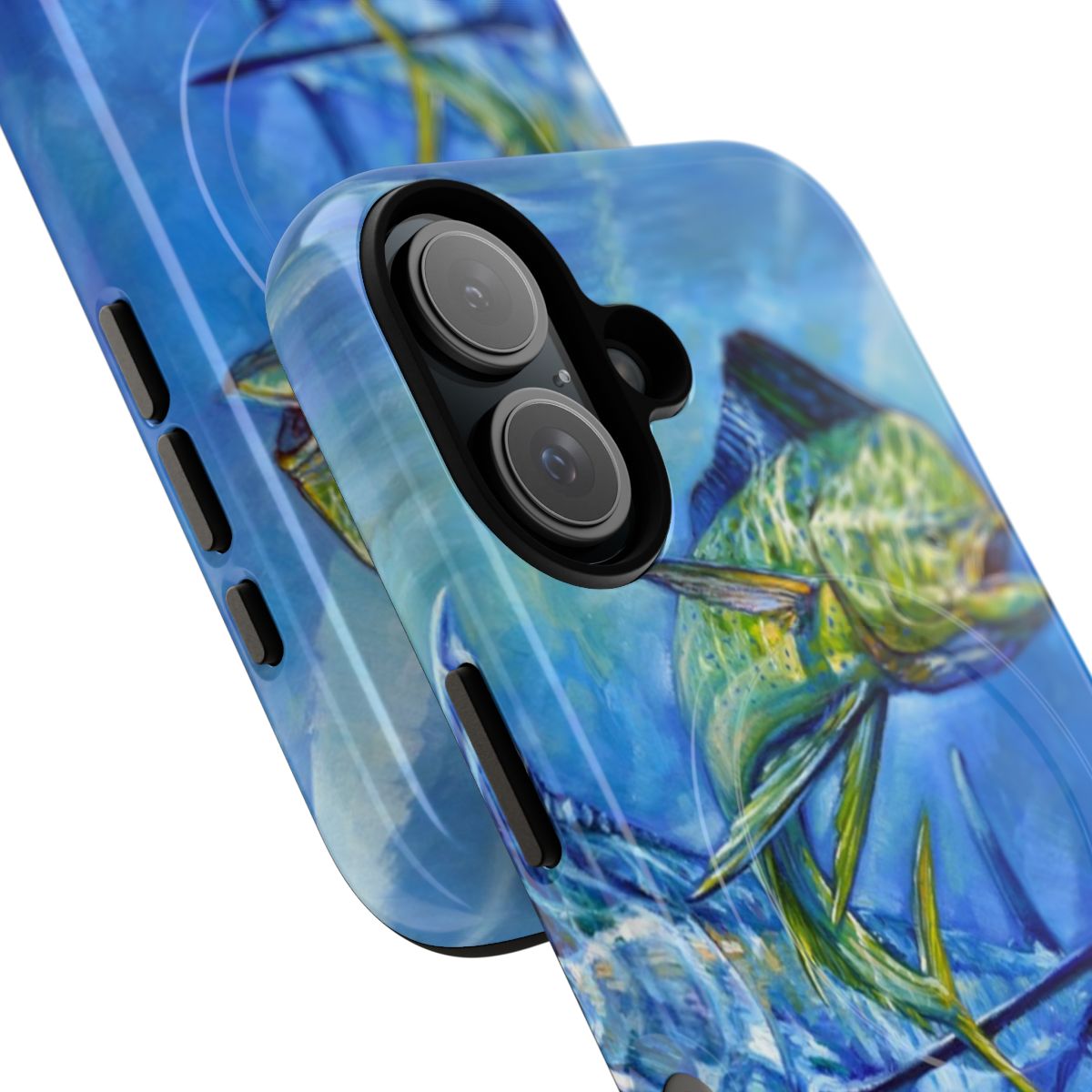 Durable magnetic phone case with artwork of dorado, marlin, and tuna fish swimming underwater - Detail