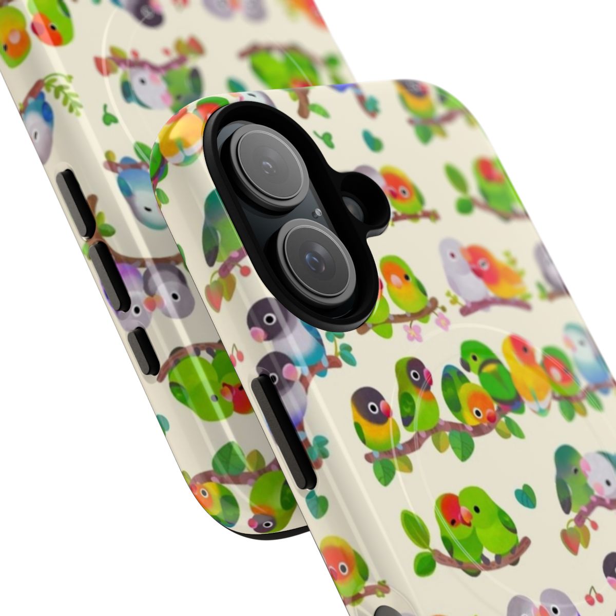 Pastel-colored lovebird bird illustration on a tough magnetic phone case - Detail