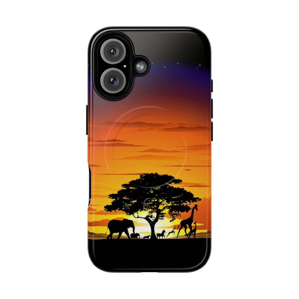 Phone case featuring a vibrant African savanna sunset landscape with wild animals silhouetted against the sky.