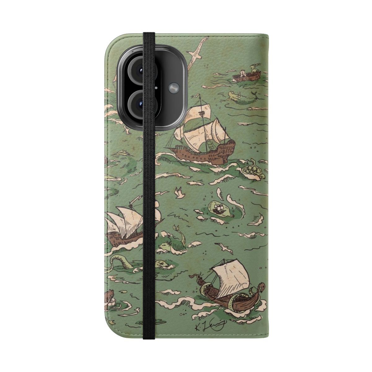 Flip phone case cover with a sailing ship and nautical design - Folded Front