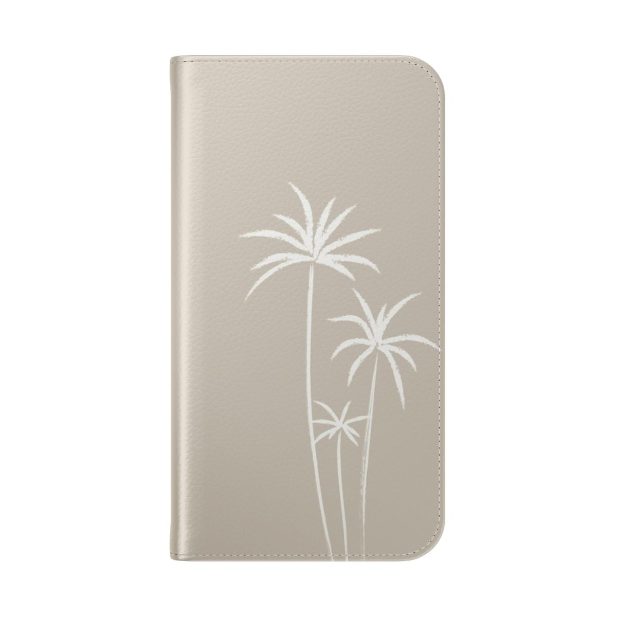 A boho-inspired phone case featuring a sketch design of three palm trees against a white and beige background. - Folded Back