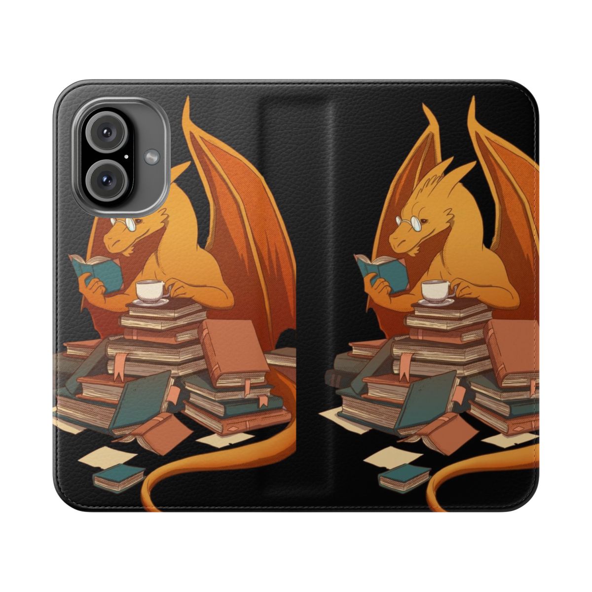 A fantasy-inspired flip cover phone case featuring a dragon and books, perfect for book lovers.