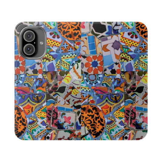 Colorful artistic phone case with vibrant geometric and organic pattern design inspired by Spanish art.