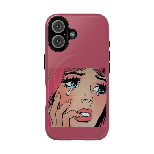 Pink pop art illustration of a crying girl on a tough magnetic phone case