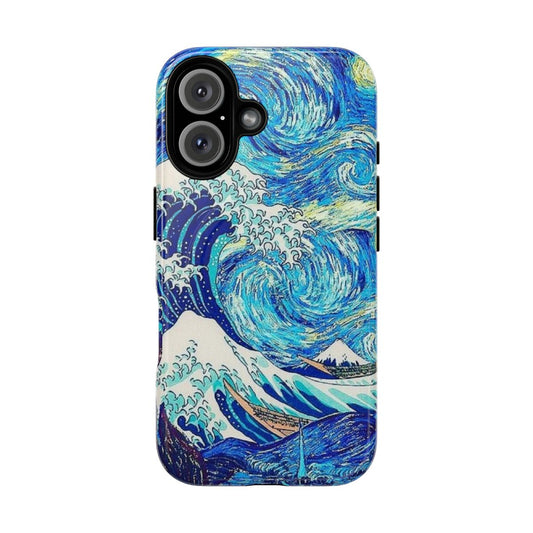 Artistic phone case featuring Hokusai's "The Great Wave" and Van Gogh's "Starry Night"