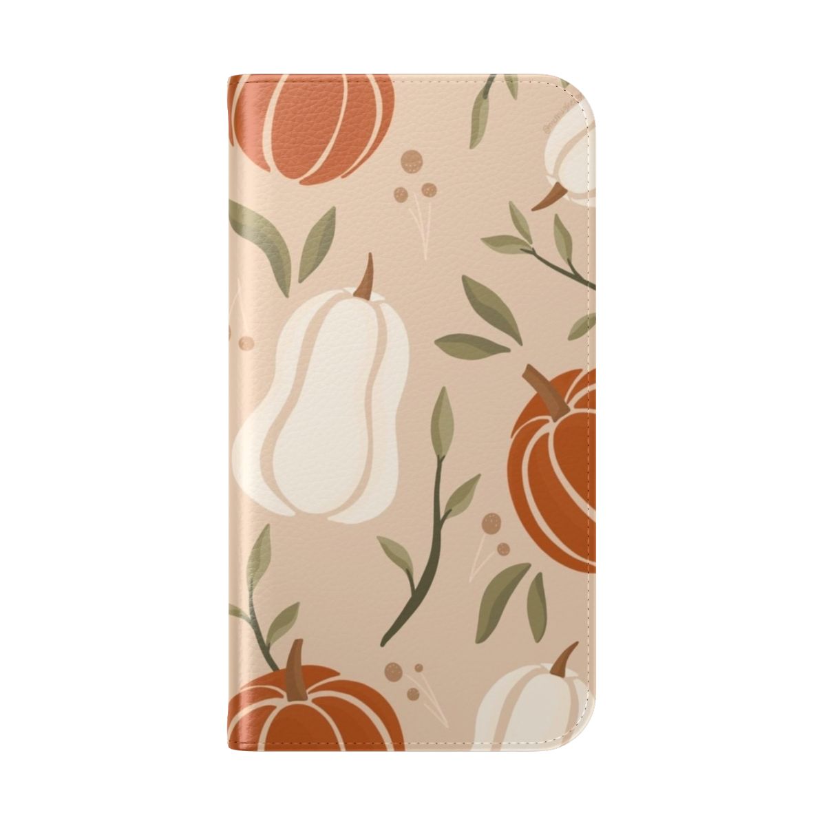 Pumpkin spice-themed phone case with fall leaves design - Folded Back