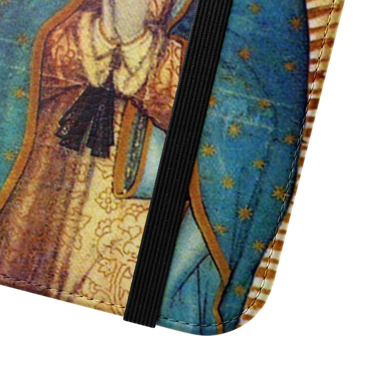 Vibrant Catholic phone case featuring the image of the Virgin Mary, also known as Our Lady of Guadalupe. - Close Up